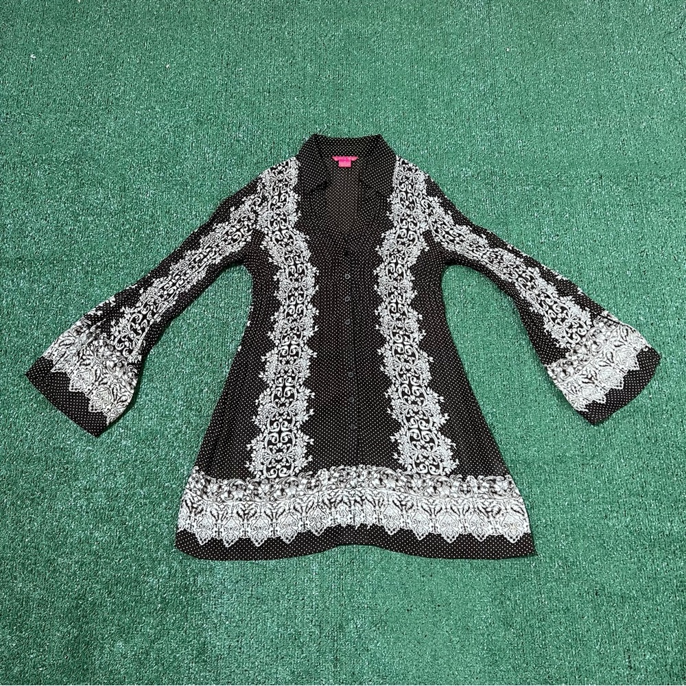 Sunny Leigh Brown and White Patterned Bell Sleeve Blouse